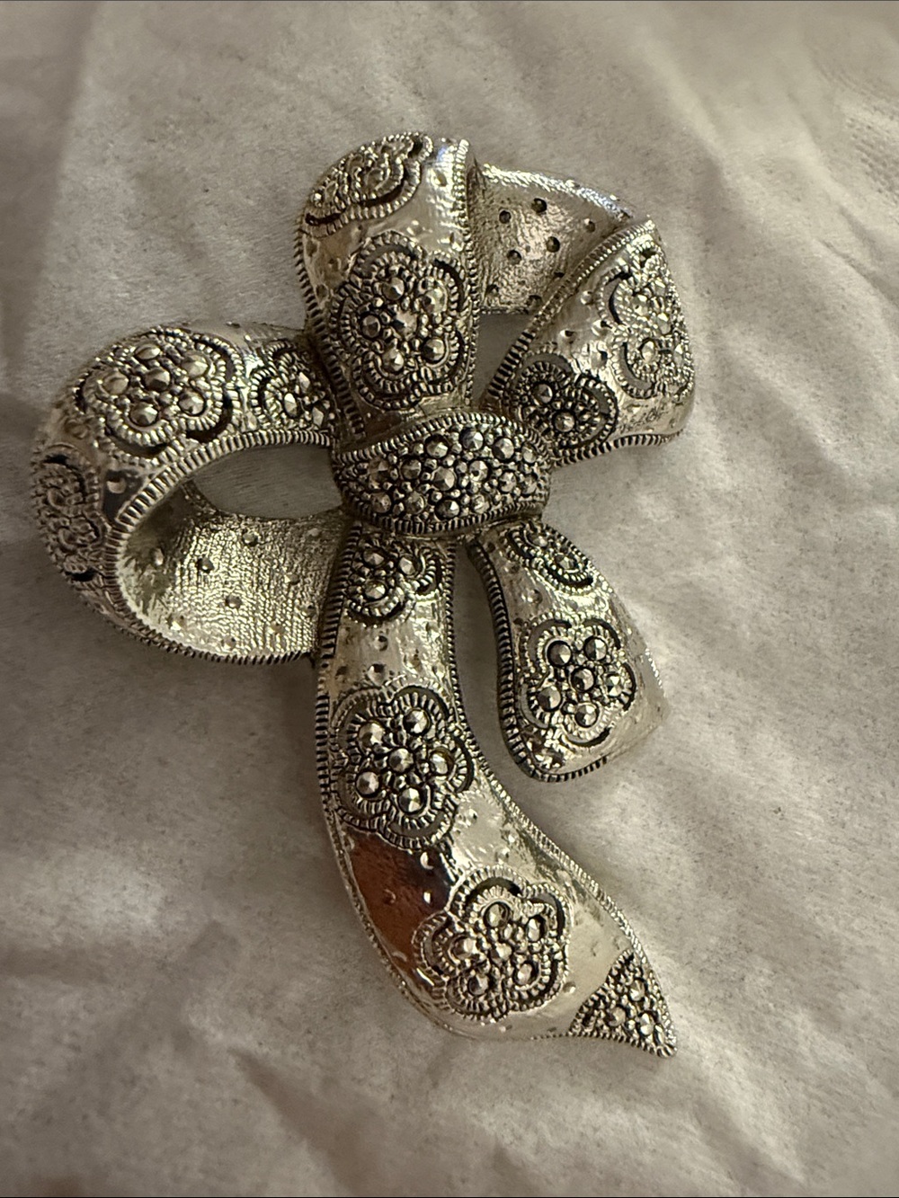 Ornate Silver Bow Floral Brooch - Women’s Statement Jewelry